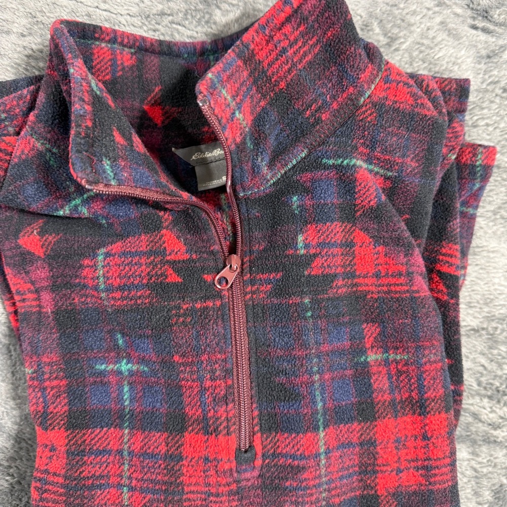 Eddie Bauer Fleece Pullover Womens S Red Navy Plaid Quarter Zip 79N/14